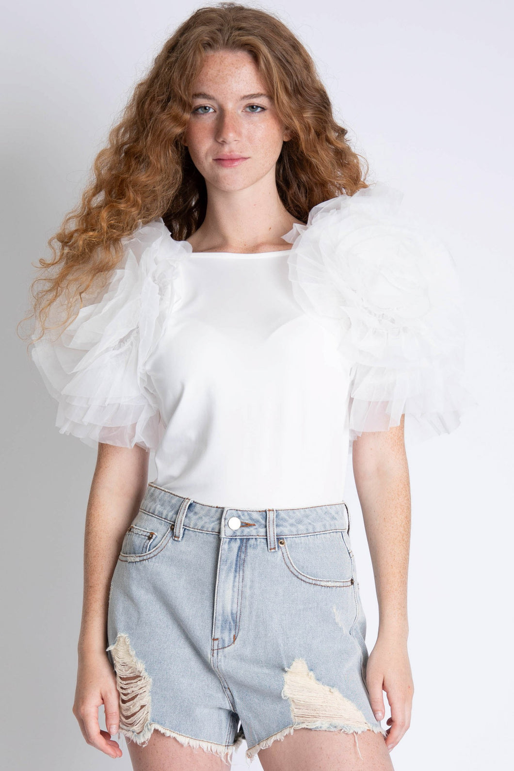 Off White Solid Exaggerated Bodysuit W Mesh Ruffle Sleeves
