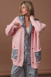 Blush/Denim Washed Checker Denim Zip Up Sweater Cardigan