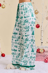 Hunter Green Christmas Print Pajama Set With Satin Bow
