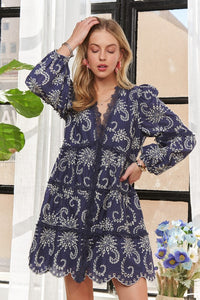 Navy Puff Sleeve Floral Dress