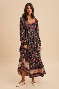 Midnight Floral Contrast Piped Border Print Maxi Dress