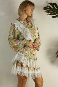 Orange Multi Lace Patch Shirts And Skirt Set