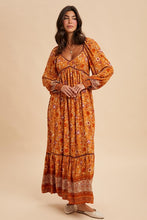 Pumpkin Spice Floral Contrast Piped Border Print Maxi Dress