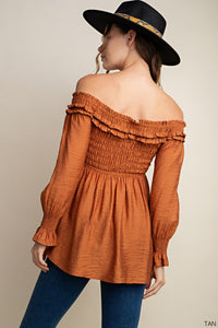 Tan Tunic Off Shoulder Smocked Top