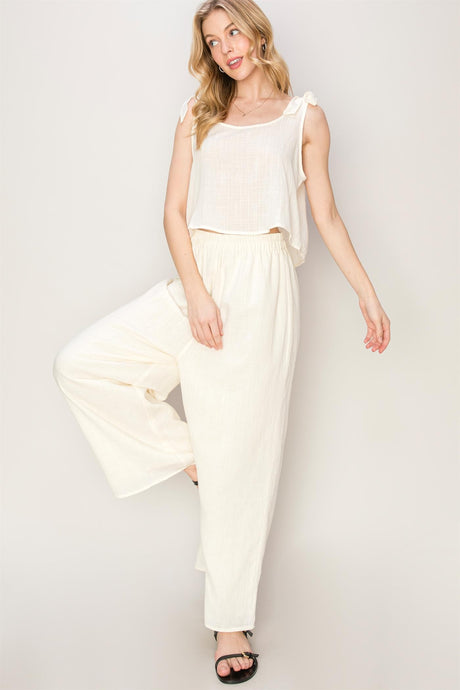 Cream Textured Top And Pants 2-Piece Set