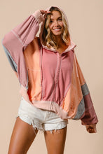 Marsala/Peach Raw Edge Color Block Washed Terry Zip Up Hoodie