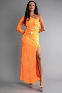 Orange Sequin One Shoulder Side Open Maxi Dress