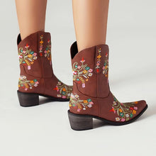 Brown Embroidered Chunky Heel Boots