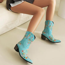 Blue Embroidered Chunky Heel Boots