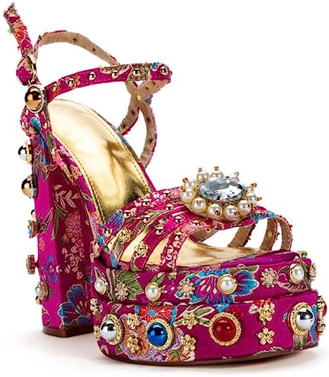 Rose Red Women's Ankle Strap High Heel Sandals Rhinestone Diamond Chunky Heels