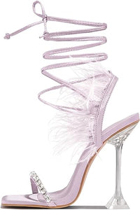 Lilac Feather Lace-Up Heeled Sandals Strappy Slingback Open Square Toe Clear Heels For Women