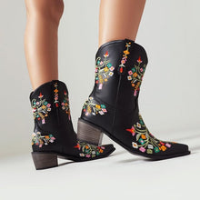 Black Embroidered Chunky Heel Boots