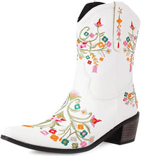 White Embroidered Chunky Heel Boots