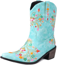 Blue Embroidered Chunky Heel Boots