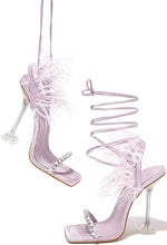 Lilac Feather Lace-Up Heeled Sandals Strappy Slingback Open Square Toe Clear Heels For Women