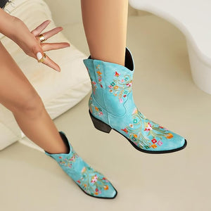Blue Embroidered Chunky Heel Boots