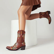 Brown Embroidered Chunky Heel Boots
