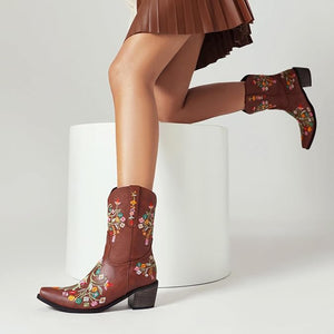Brown Embroidered Chunky Heel Boots