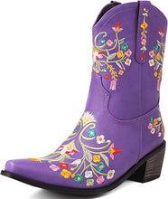Purple Embroidered Chunky Heel Boots