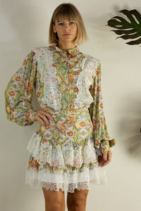 Orange Multi Lace Patch Shirts And Skirt Set