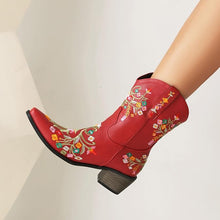 Red Embroidered Chunky Heel Boots