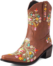 Brown Embroidered Chunky Heel Boots