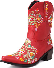 Red Embroidered Chunky Heel Boots