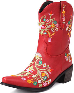 Red Embroidered Chunky Heel Boots