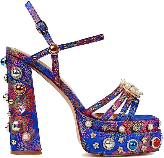 Blue Women's Ankle Strap High Heel Sandals Rhinestone Diamond Chunky Heels