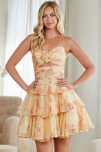 Yellow Strapless Rosette Pleat Soft Chiffon Print Dress