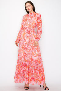 Coral Combo Floral Print Button Down Closure Self Tie Maxi Dress