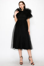 Black Tulle Pleated Floral Short Sleeve Midi Dress