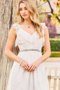 White Elastic Shoulder Ruffle Back Zipper Lace Dress