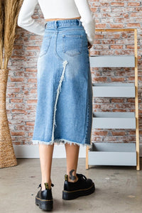 Med Wash Front And Back Slit Denim Long Skirt