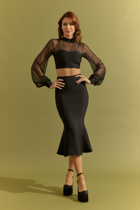 Black Bandage Crop Top Mesh And Fit Midi Skirt Set