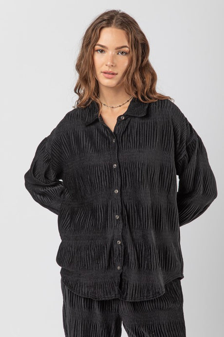 Black Plus Crinkled Soft Velvet Comfy Oversized Shirt
