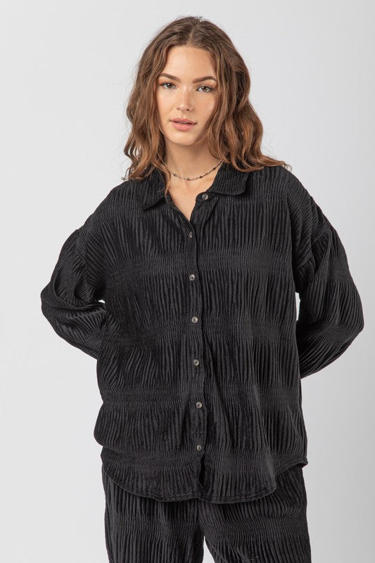 Black Plus Crinkled Soft Velvet Comfy Oversized Shirt