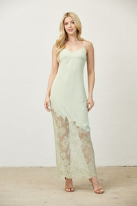 Lime Green Woven Solid And Lace Mixed Cami Maxi Dress