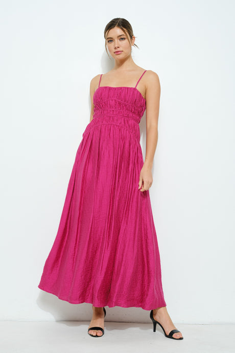 Fuchsia Satin Ruched Detailing Sleeveless Maxi Dress