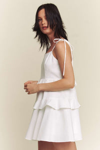 White Linen Tie Spaghetti Ruffle Detail Mini Dress