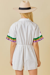 White Mardi Gras Sequin Trim Solid Romper
