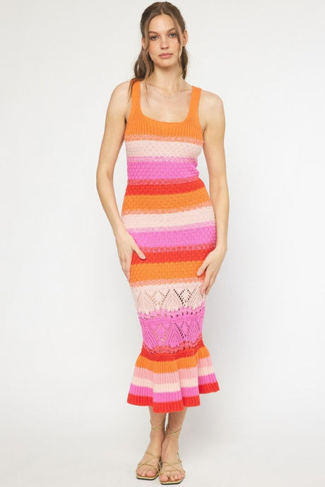 Orange Combo Colorblock Crochet Mermaid Hem Midi Dress
