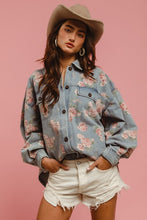 Floral Print Washed Denim Shacket With Side Pocket