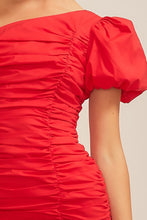 Tomato Red Puff Sleeve Ruffle Mini Shirring Dress