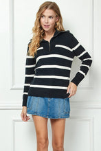Black Stripe Knit Zip-up High Collared V-neck Sweater