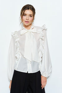 Ivory Soft Wool Blouse With Bow Tie & Pearl Buttons