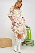 White Floral Barbie Flower Print Balloon Sleeve Tiered Dress