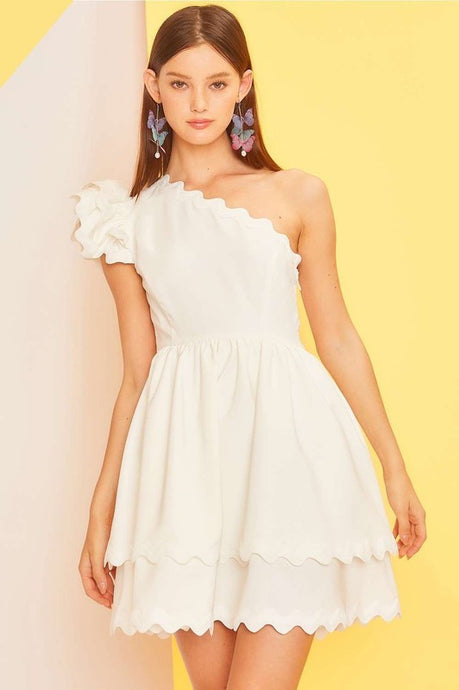 Off White One Shoulder Scallop Edge Trim Solid Dress
