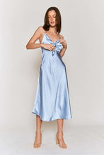 Sky Blue Satin Tie Bust Spaghetti Strap Midi Dress