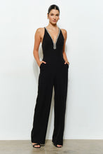 Black Crystal Trim Deep V Cross Back Jumpsuit